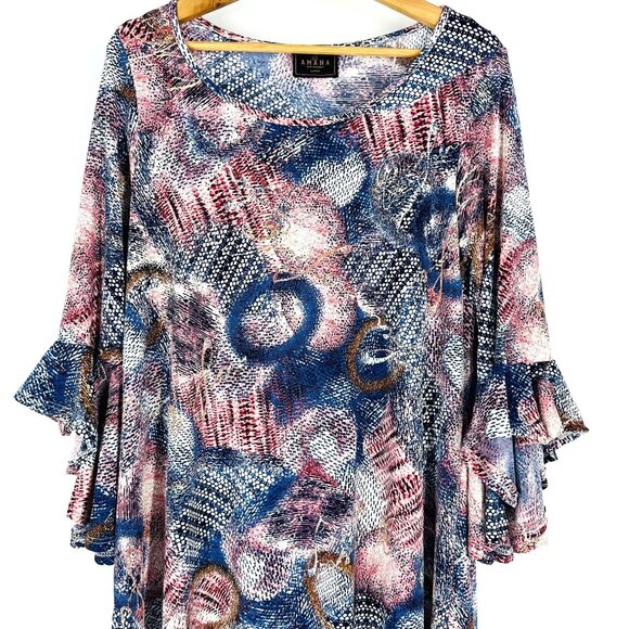 Amana Multicolored Abstract Print Boat Neck Ruffle Sleeve Tunic Blouse Size L - Picture 3 of 8